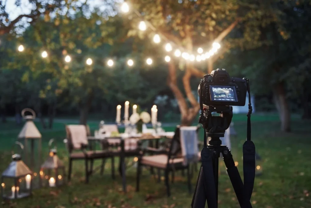 professional camera set up on a tripod at an outdoor evening event, such as a wedding or private dinner