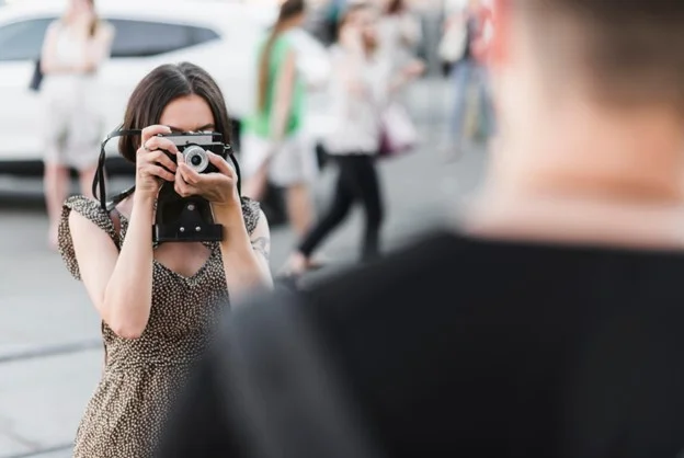 woman with a vintage style camera photoshoot